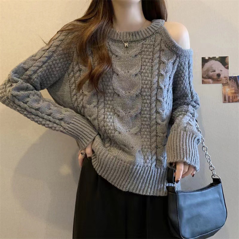 日韩休闲小众镂空露肩韩版长袖打底衫港式复古粗针麻花毛衣针织衫