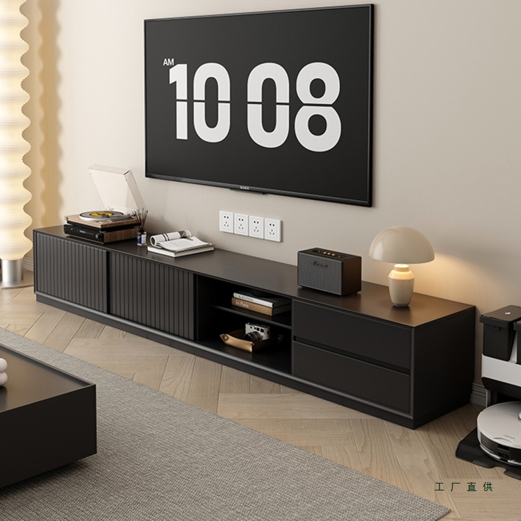 Minimalist Solid Wood Tv Cabinet Living Room Home Simple Modern Light Luxury Black Wall-Mounted Floor-Standing Tv Cabinet