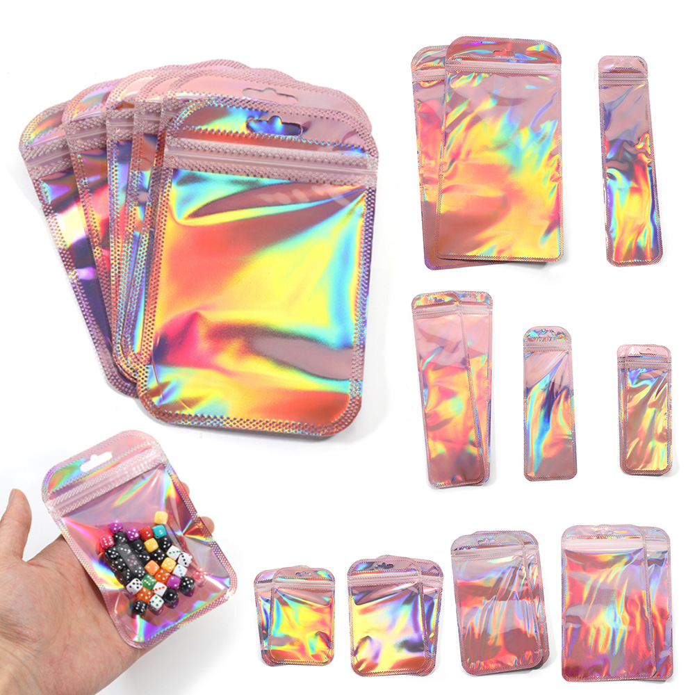 Factory jewelry ziplock bag Rainbow printing laser earrings necklace plastic bag packing bag thickened sealing bag