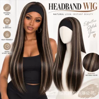 欧美风挑染渐变色发带假发无胶易佩戴自然蓬松长直发Headband Wig