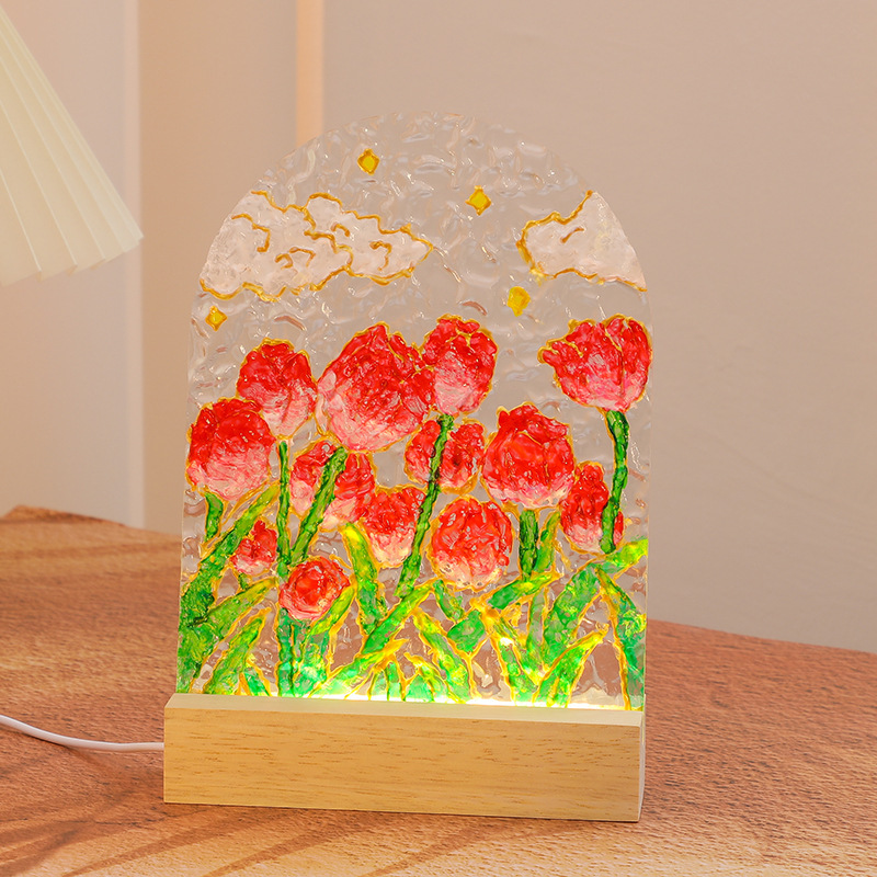チューリップガラス画小夜灯手作りdiy絵画材料包水波紋灯アクリル板学生プレゼント|undefined