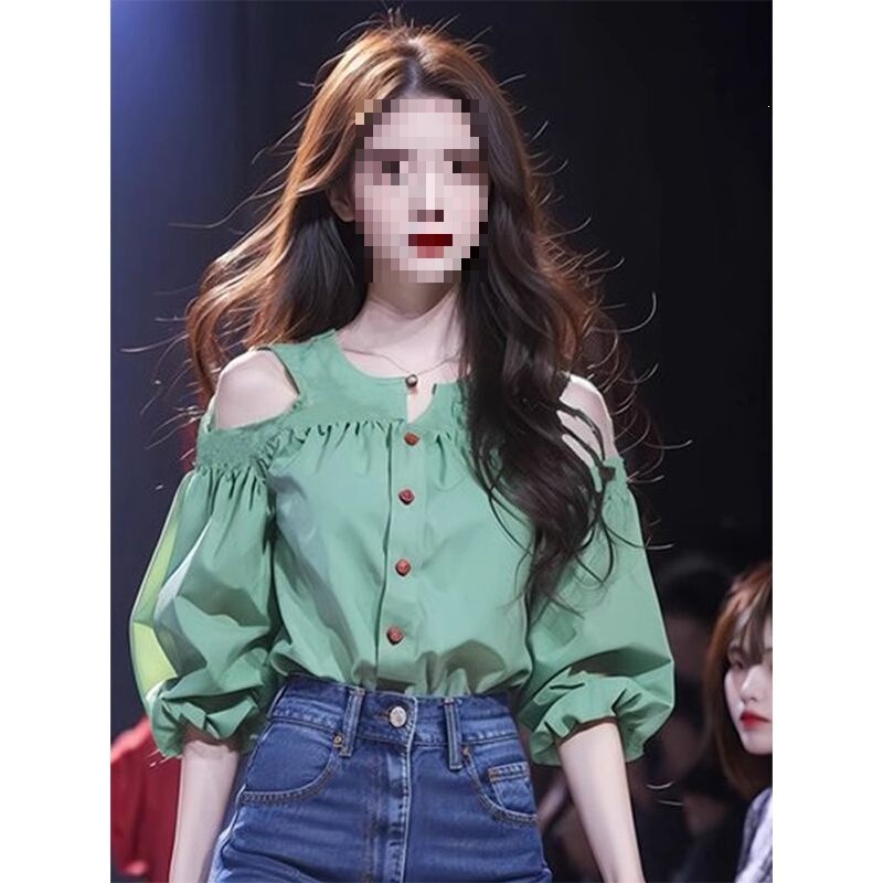 Green Off-Shoulder Puff Sleeve Shirt for Women, Unique Design, Trendy This Year, Beautiful Top, New Summer 2026 Style