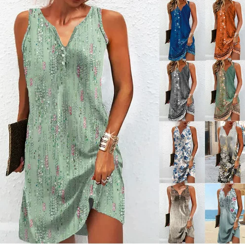 2024 European and American Clothing Amazon Positioning Flower Button Casual Style A-Line Skirt Sleeveless Vest V Neck Dress
