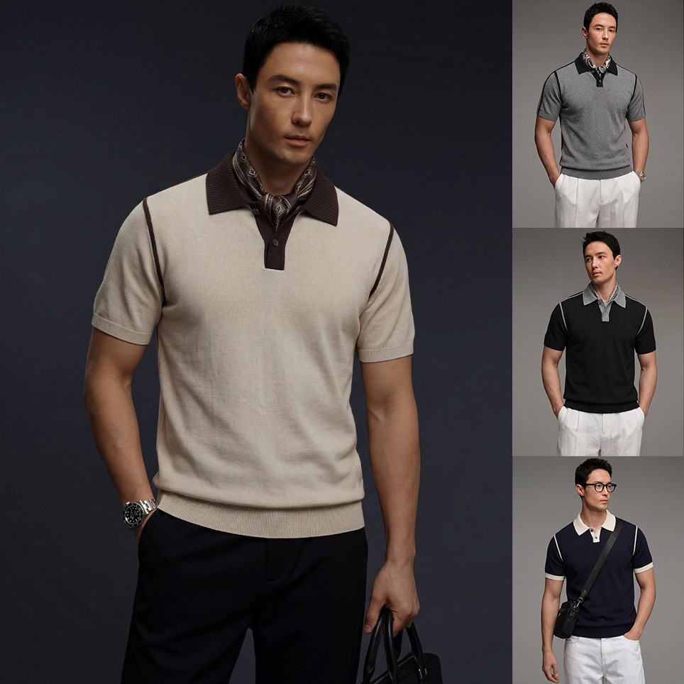 Polo camiseta de punto camiseta de manga corta camiseta de hombre paul línea tridimensional viejo qianfeng verano fábrica transfronteriza al por mayor
