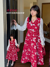k2960大码女装蕾丝拼接丝绒假两件复古盘扣 微胖女孩衣服连衣裙