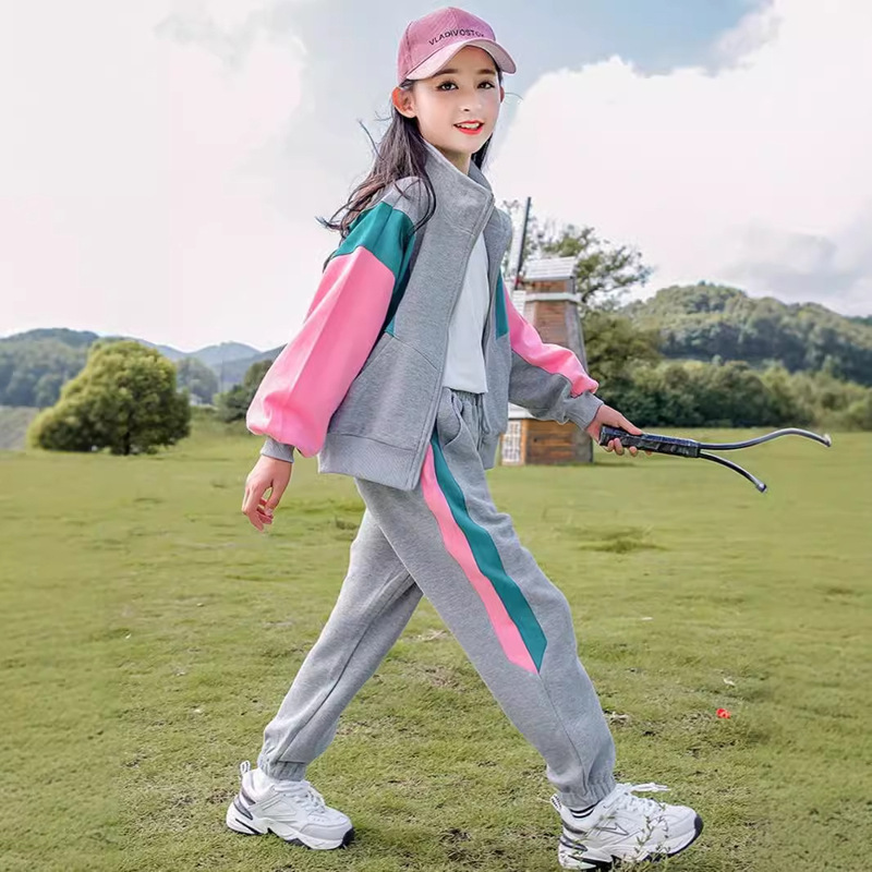 Girls' Spring and Autumn Outfit 2026 Spring Collection Fleece-Lined Long-Sleeve Cardigan Sports Sweatshirt Two-Piece Set for Older Children