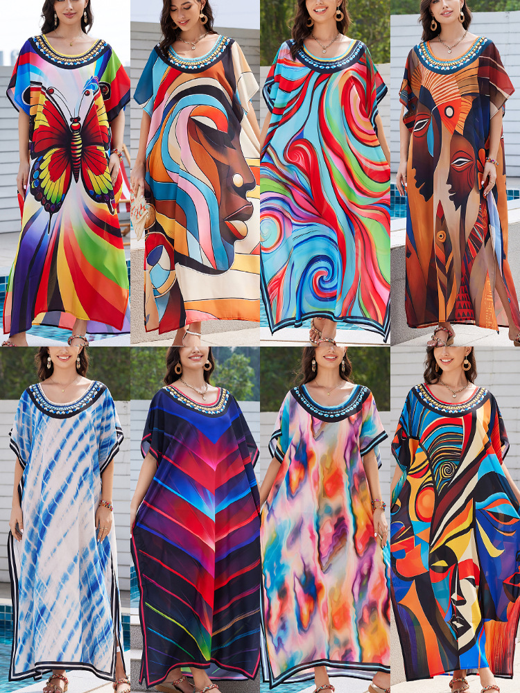 2025 transfronterizo nueva impresión camisa de playa ropa de estilo nacional vestido de vacaciones bikini camisa protector solar F01