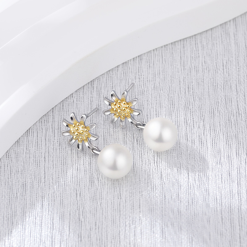 Pendientes de perlas de margarita de plata de ley 925 Pendientes de temperamento elegante y simple de moda Pendientes de flores de girasol femenino