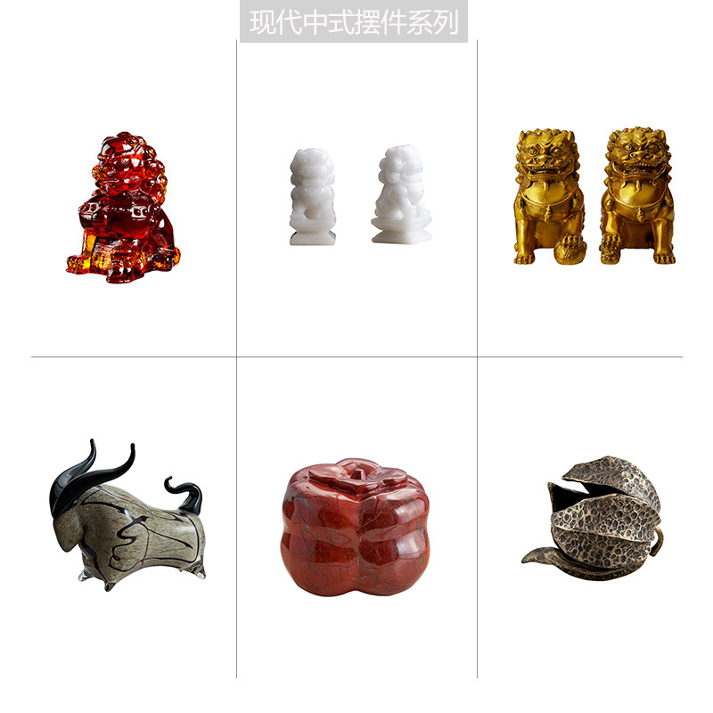 样板间售楼处中式经典别墅新中式客厅茶几玉石狮子摆件对狮艺术品