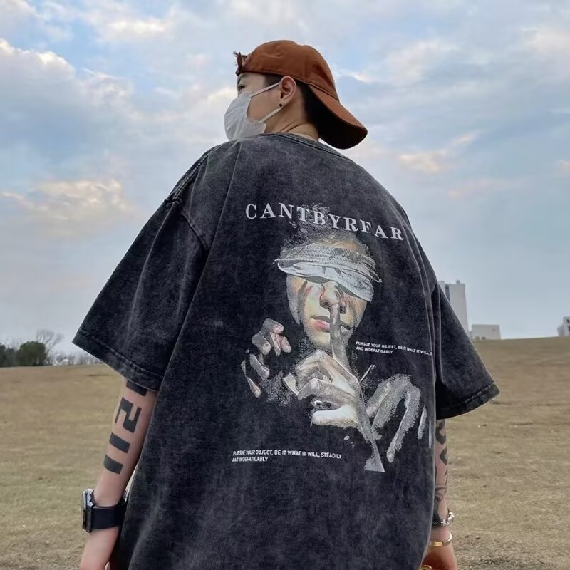 Camiseta de manga corta de algodón puro desgastado lavado retro americano para hombre, camiseta de media manga de marca holgada informal de verano para hombre