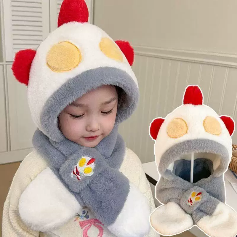 冬季新款儿童帽子围巾一体冬季加绒加厚男童护耳帽男孩毛绒护脖帽