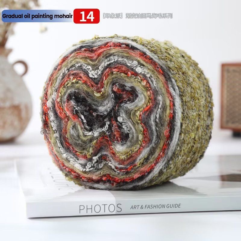 油画系羊毛马海毛圈圈线长段染不规则帽子衣服包包围巾钩织材料包