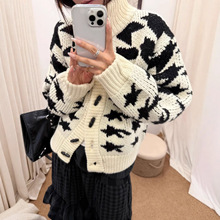 美式复古粗线加厚针织开衫女装2025秋冬新款提花撞色高领毛衣外套