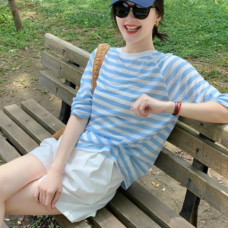 Basic House/Baijiahao Korean-Style Round-Neck Color-Block Striped Long-Sleeve T-Shirt for Women, Spring/Summer Casual Style Base Shirt Basic House/Baijiahao Korean-Style Round-Neck Color-Block Striped Long-Sleeve T-Shirt for Women, Spring/Summer Casual Style Base Shirt