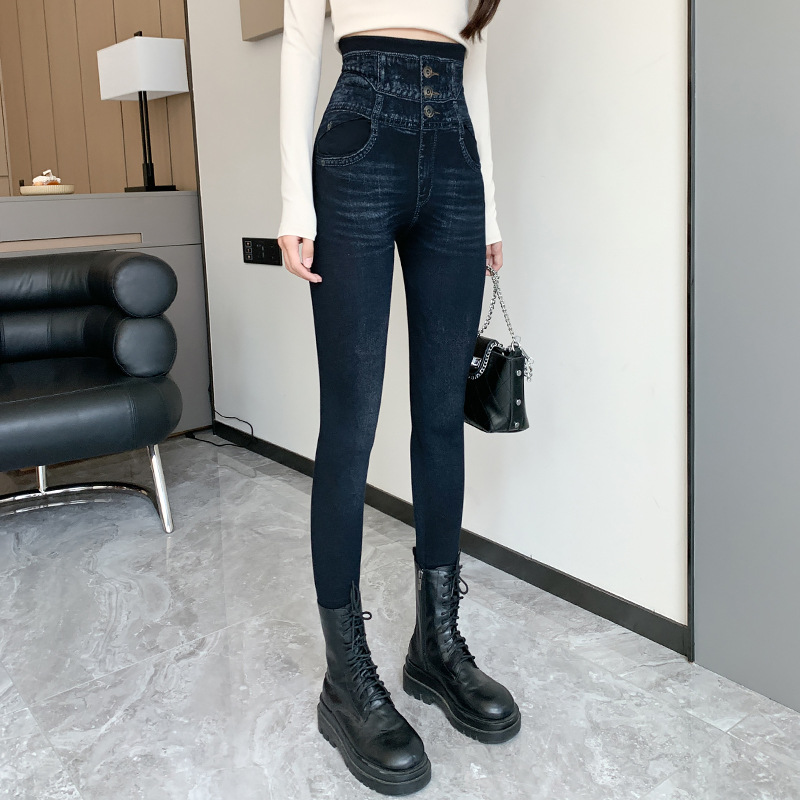 时尚印花高腰仿牛仔打底裤女 秋季新款收腹提臀长裤莫代尔紧身裤