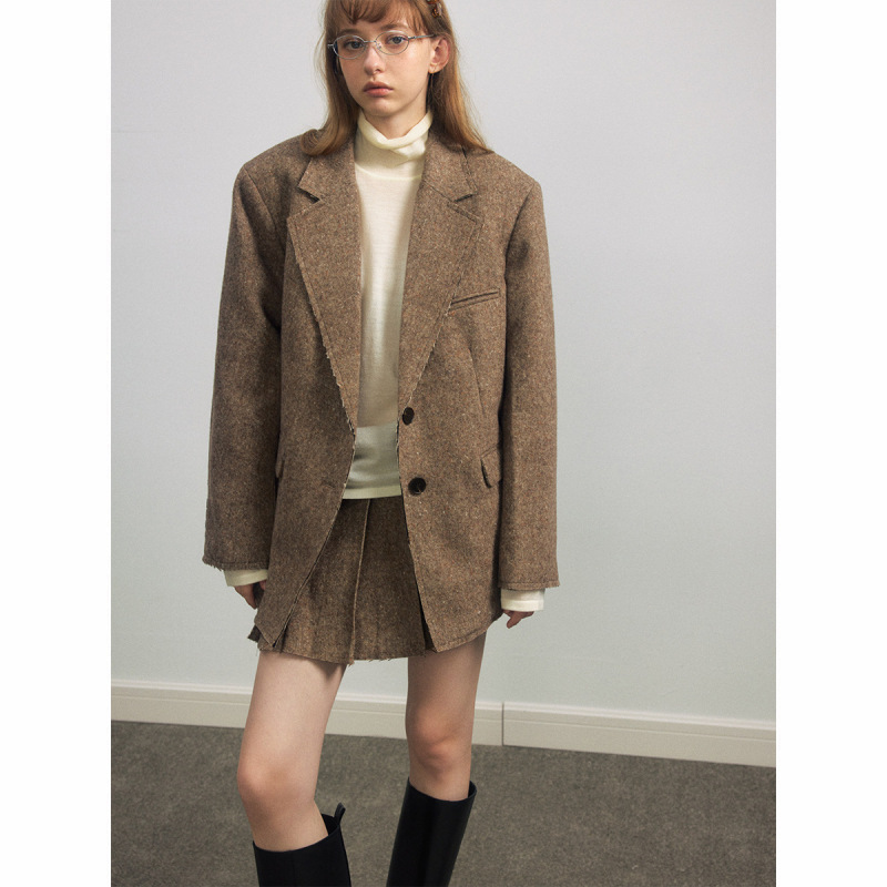 [Da He] Autumn New Casual Lapel Wool Tweed Single-Sided Vintage Versatile Blazer H9419
