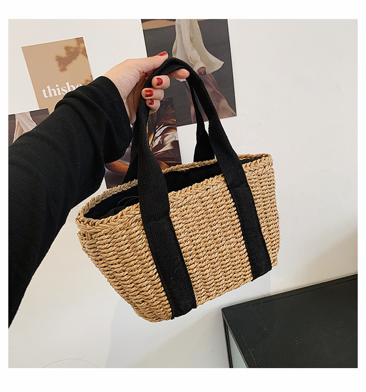 Retro Woven Straw Bag Large-capacity Bucket Cabbage Basket Bag 32*16*12cm display picture 2
