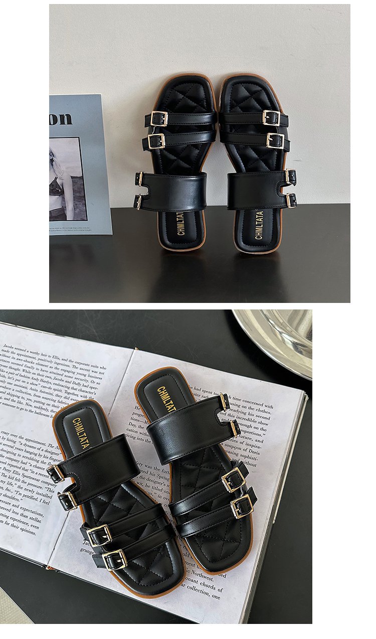 2023 neue bequeme flache Hausschuhe, Sommer-Strandschuhe für Damen im Freien, Doppelschnalle, stilvolle Einriemen-Lazy-Sandalen_voghion.com