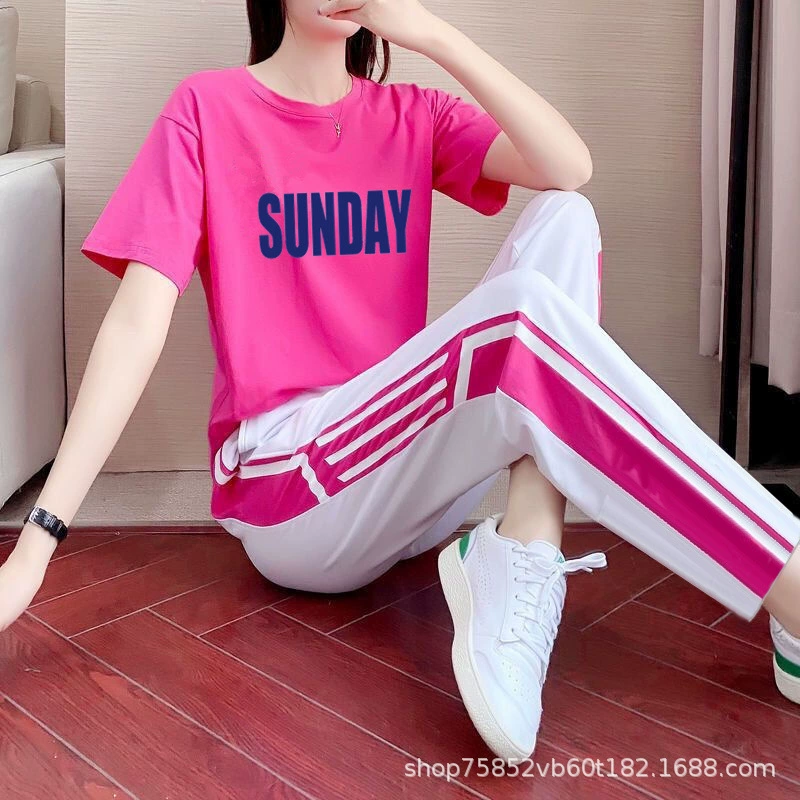 Летний новый спортивный дикий костюм женская мода корейская версия свободная и тонкая студенческая повседневная беговая одежда из двух частей