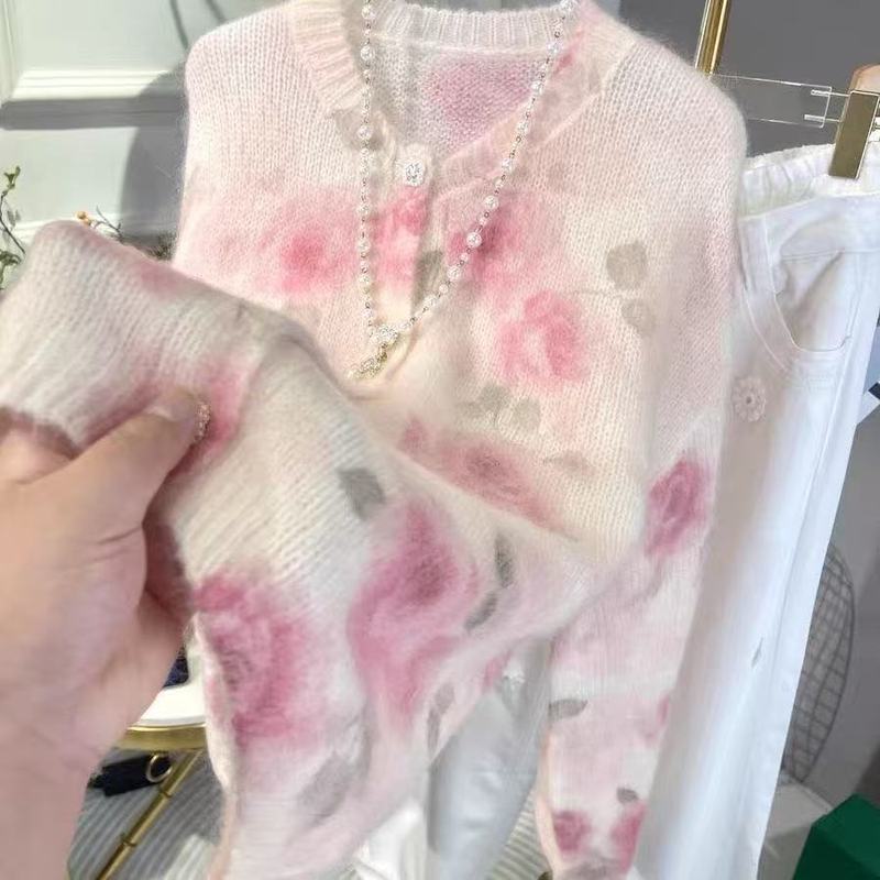 慵懒风渐变色扎染马海毛针织衫女春秋温柔风软糯内搭毛衣套头上衣|undefined
