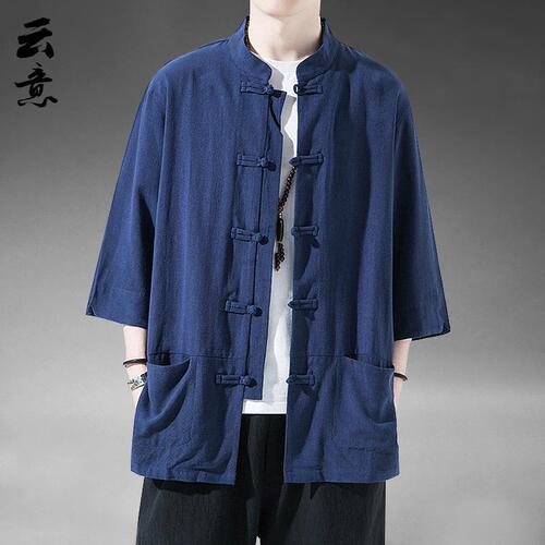 Summer Chinese Style Linen Short-Sleeve Tangzhuang Men Retro Five-Sleeve Hanfu Cotton-Linen Layman's Wear Plus Size Half-Sleeve Tea Dress