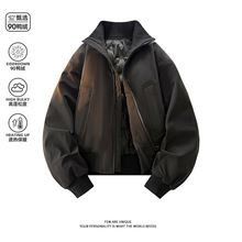 美式复古教练飞行羽绒夹克男冬季短款外套高级感廓形立领羽绒服男