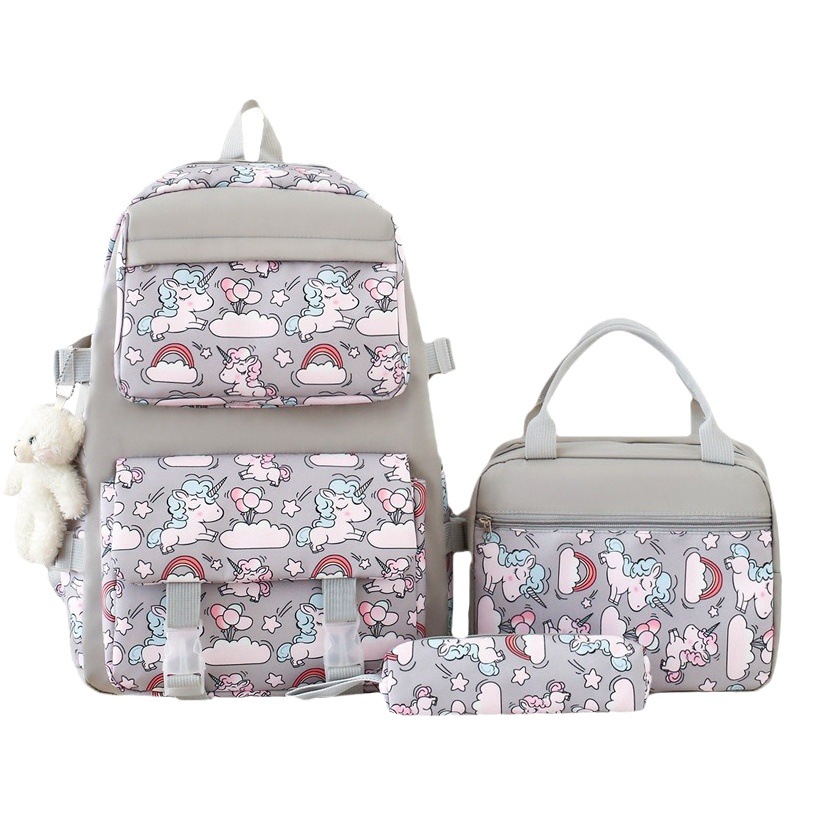 2025 New Lightweight Nylon Backpack Female Cute Cartoon Three-Piece Set Primary School Student Large Capacity School Bag Wholesale