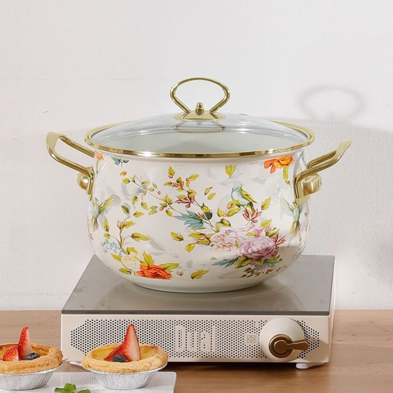 New vintage enamel pot, stew pot, enamel soup pot, double-handled soup pot, hot pot, compatible with gas and induction cookers, upgraded version