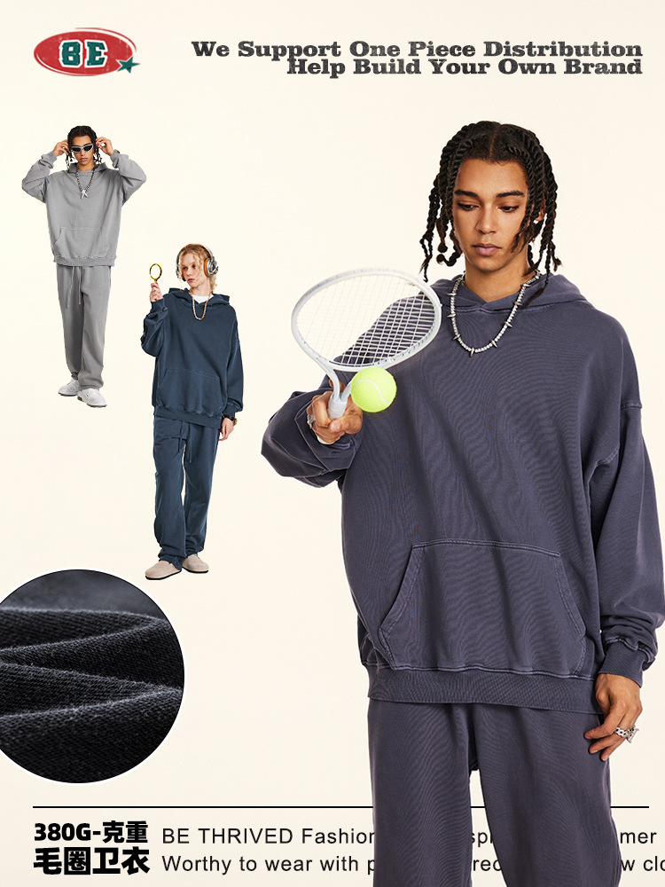 BE ropa de hombre | 2025 otoño e invierno americano retro marca de moda suelta negra con capucha de punto de gran tamaño suéter lavado al por mayor