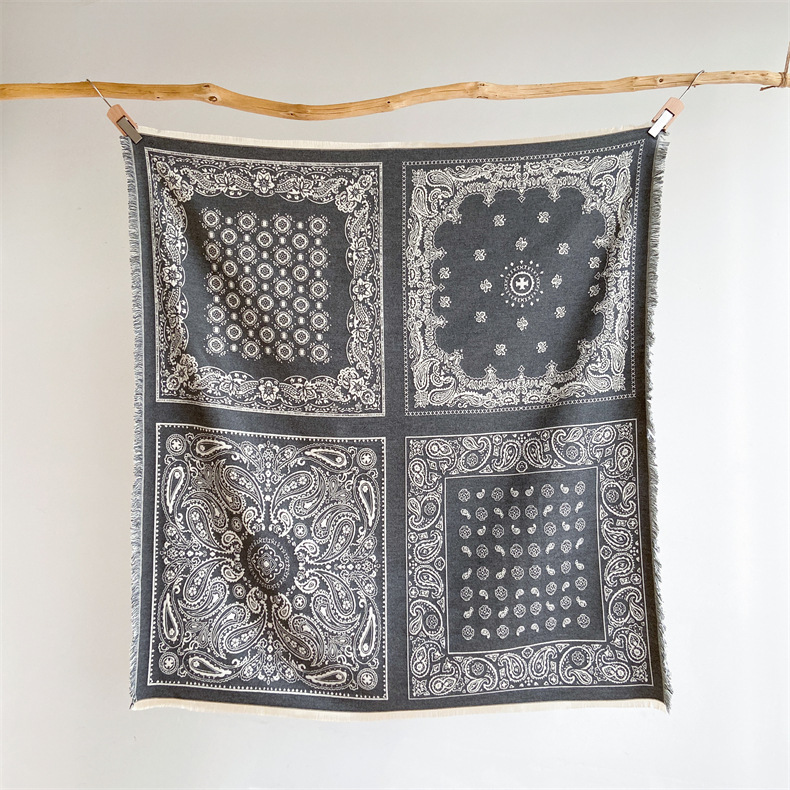 Predimenzionirani kašmirski kvadratni šal u etničkom stilu, ženski debeli šal s resicama, topli šal s cvijetom indijskih oraščića_voghion.com