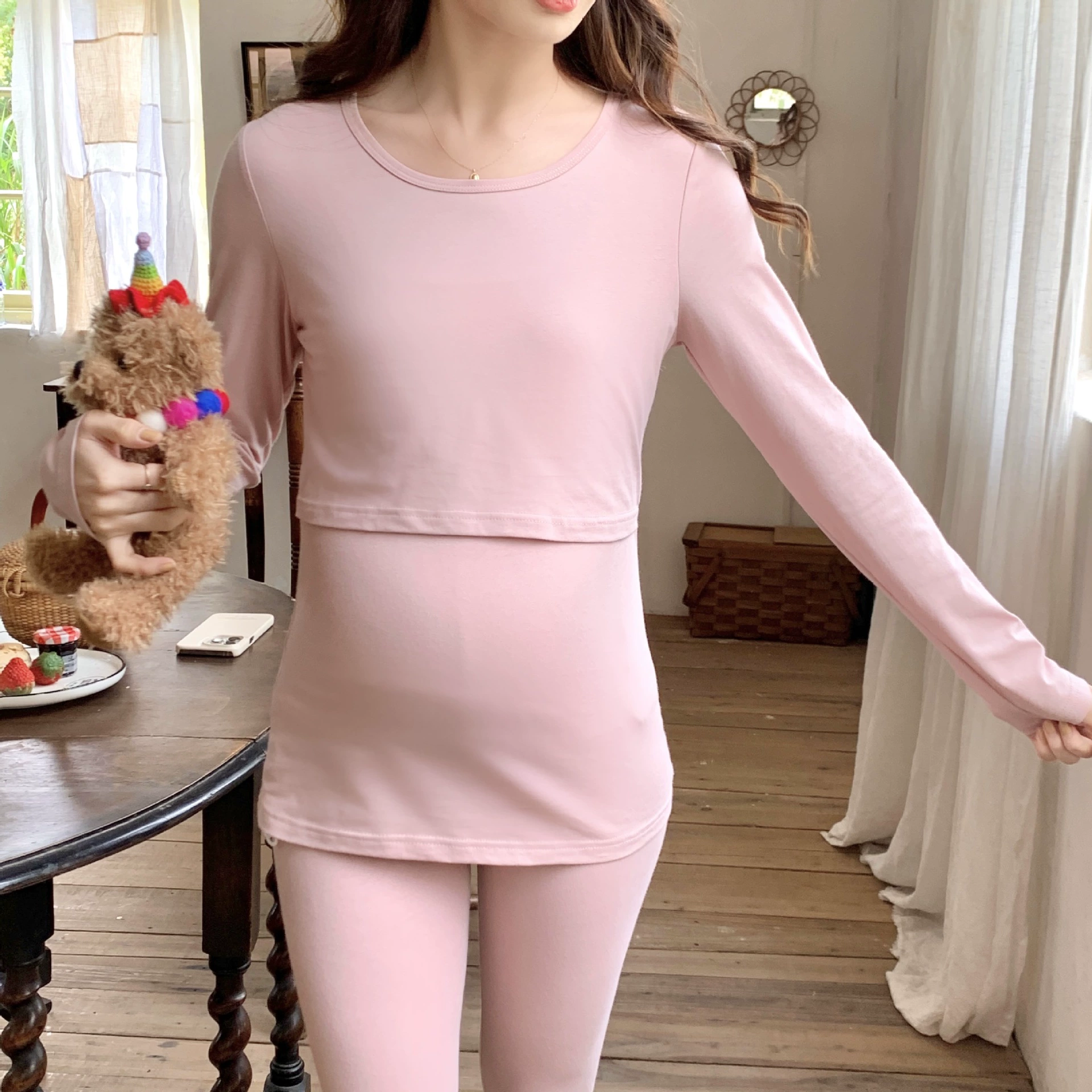 В наличии [88065] осенняя одежда для беременных Длинные брюки термобелье пижамы для кормления костюм для кормления хлопковая одежда для беременных