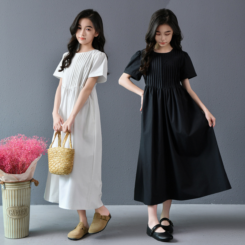 Vestido de niña, vestido de princesa, temperamento, estilo de vacaciones, falda larga, falda por encima de la rodilla de longitud media para mujer, blanco y negro