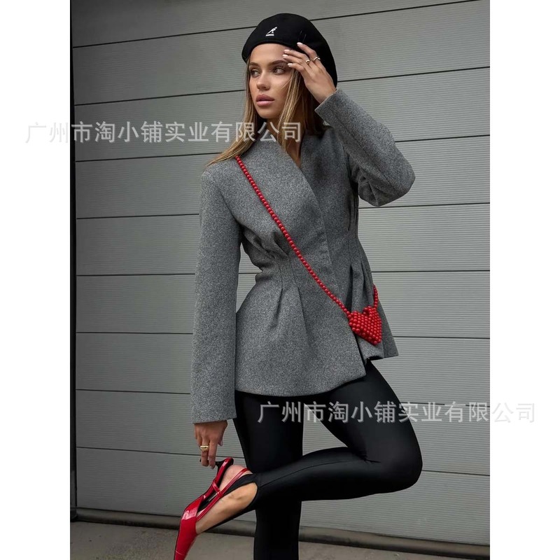 时尚复古V领高级显瘦西装外套女2025春季新款气质系带收腰小西服|undefined
