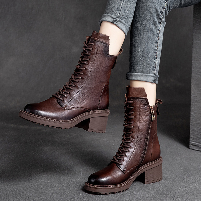 2021 Autumn and Winter New Cowhide Midi Martin Boots Women's British Style Retro Chunky Heel Lace-up Single Boots Handsome Women's Boots