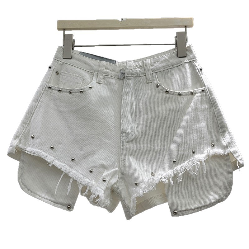 Pantalón Corto Vaquero con Remaches y Flecos de Denim, Pernera Ancha, para Verano y Uso Diario
