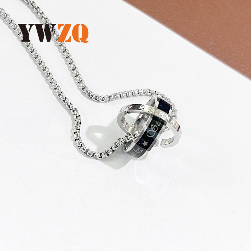 Collane in titanio da uomo di vendita calda, alla moda e personalizzate, doppi anelli ad incastro, olio gocciolante intarsiato_voghion.com