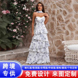 欧美外贸新款抹胸连衣裙荷叶边层叠晚礼服气质修身碎花裙收腰长裙