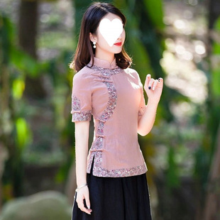 Q7N Tang Suit Han Dynasty Chinese Style Retro Improved Fashion Buttoned Short-Sleeved Top Women's Slim Fit Republic of China Style Tea Ceremony Suit