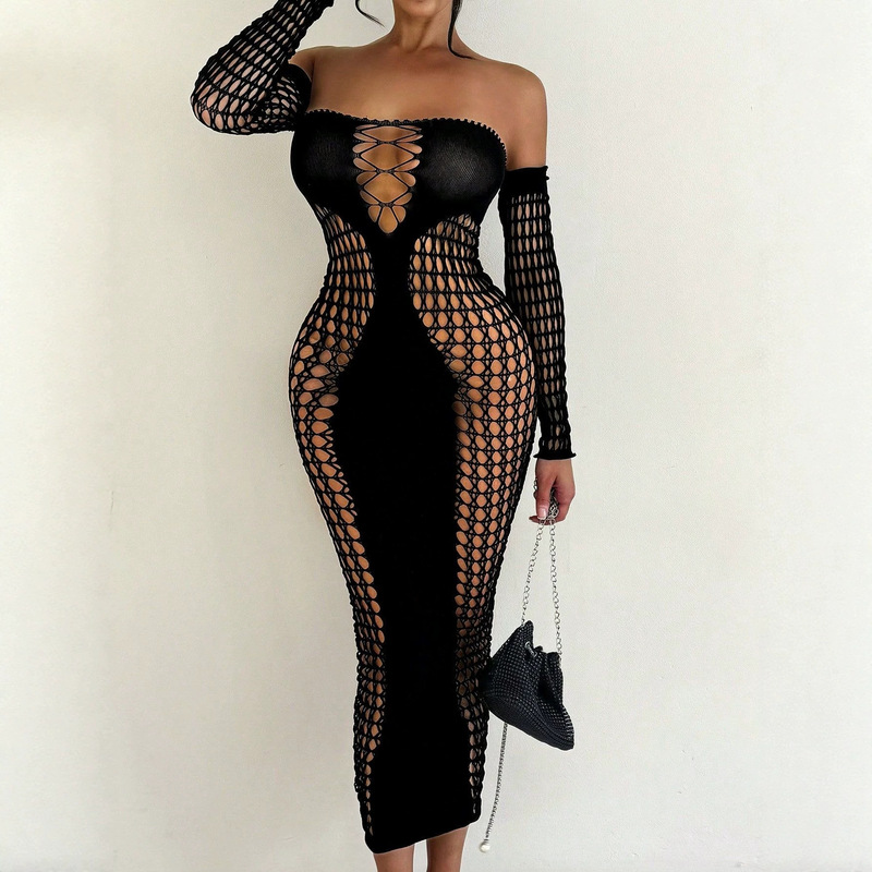 European and American cross-border women's off-shoulder bodycon dress with fishnet sleeves, nightclub party hollow-out sexy dress European and American cross-border women's off-shoulder bodycon dress with fishnet sleeves, nightclub party hollow-out sexy dress