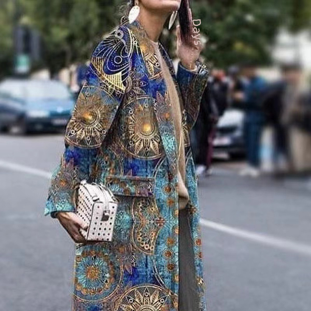 S9312 2024 Cross-border Autumn and Winter New European and American Women's Fashion Long Sleeve Lapel Coat Printed Woolen Long Coat_voghion.com