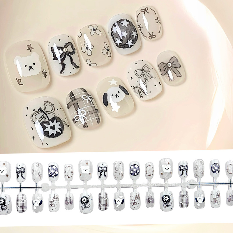 Tiktok Trending Anime-Style Silver-White Cute Plaid Puppy Nail Art with Chunky Pink Cat Eye Ultra-Short Ladder-Shaped Nail Stickers