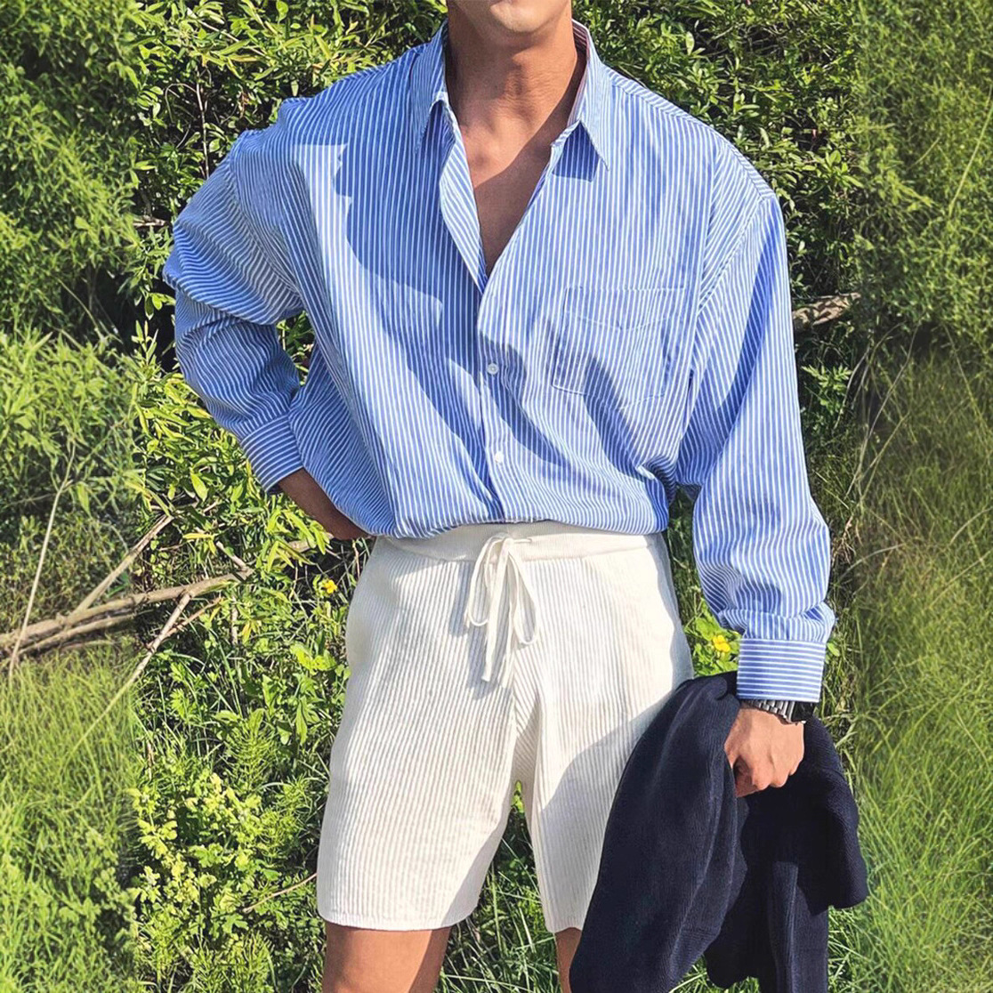 美式vintage条纹衬衫男单口袋宽松长袖西服内搭衬衣休闲工装寸衫