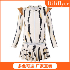 歐美長袖防曬女童分體泳衣飛邊裙保守學生葫蘆島泳裝廠家批發