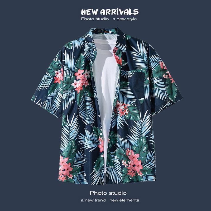 Camisas de manga corta estilo Hong Kong para hombres y mujeres, camisas florales de manga tres cuartos holgadas y delgadas de verano para playa hawaiana