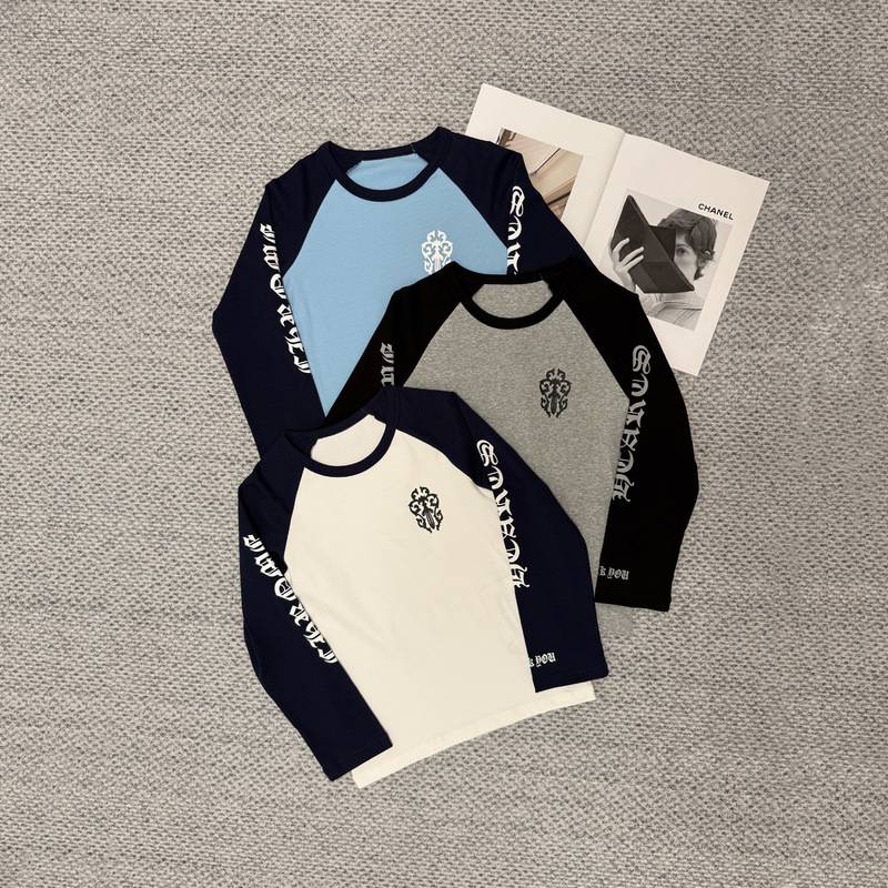 Authentic Version in Stock 26Ss New Ch Chrome Hearts Color-Blocking Sanskrit Print Raglan Sleeve Slim-Fit Three-Quarter Sleeve T-Shirt for Women