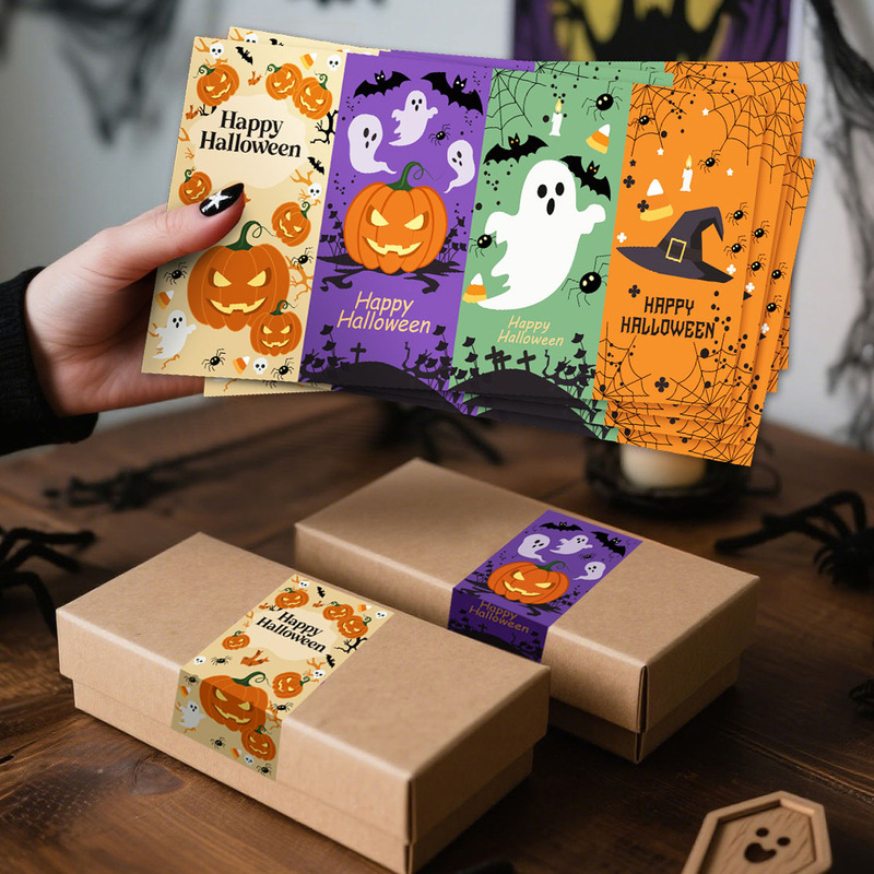 4 Stickers/Sheet Happy Halloween Sealing Stickers Large Rectangular Gift Box DIY Packaging Pvc Self-Adhesive Stickers