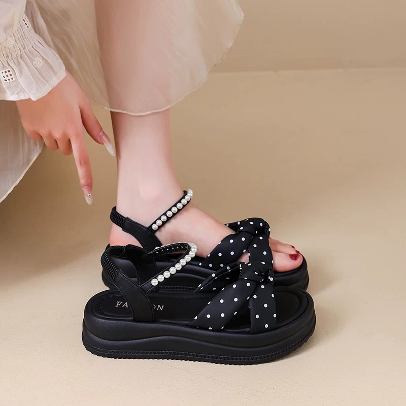 Sandalias de punto de onda de alta calidad de fondo grueso para mujeres de verano 2026 nuevo vestido con faldas de chicas sandalias de lazo de arco