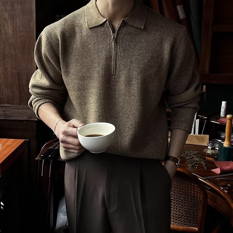 Half Zipper Sweater Men's Fashionable Brand Fashionable Winter High-end Lapel Knitted Sweater Korean Ins Casual Jacket
