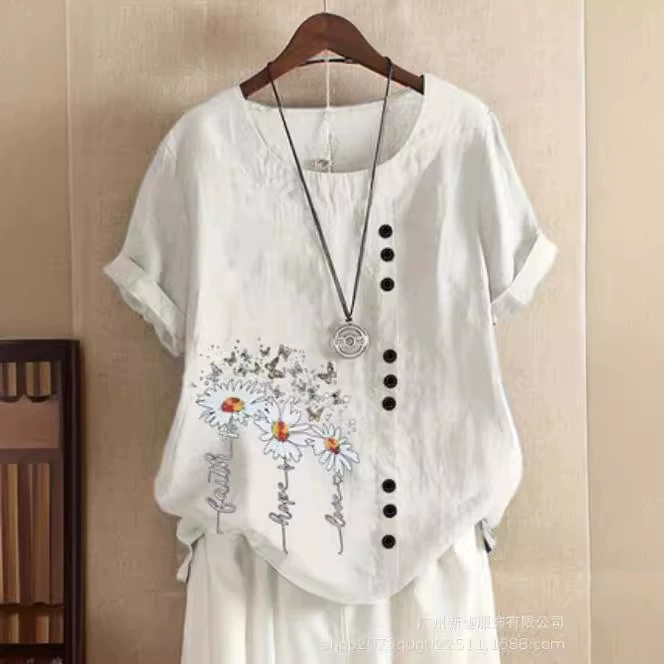 Новый стиль большого размера повседневный свободный хлопок и льна с короткими рукавами футболка вата и льна женская одежда