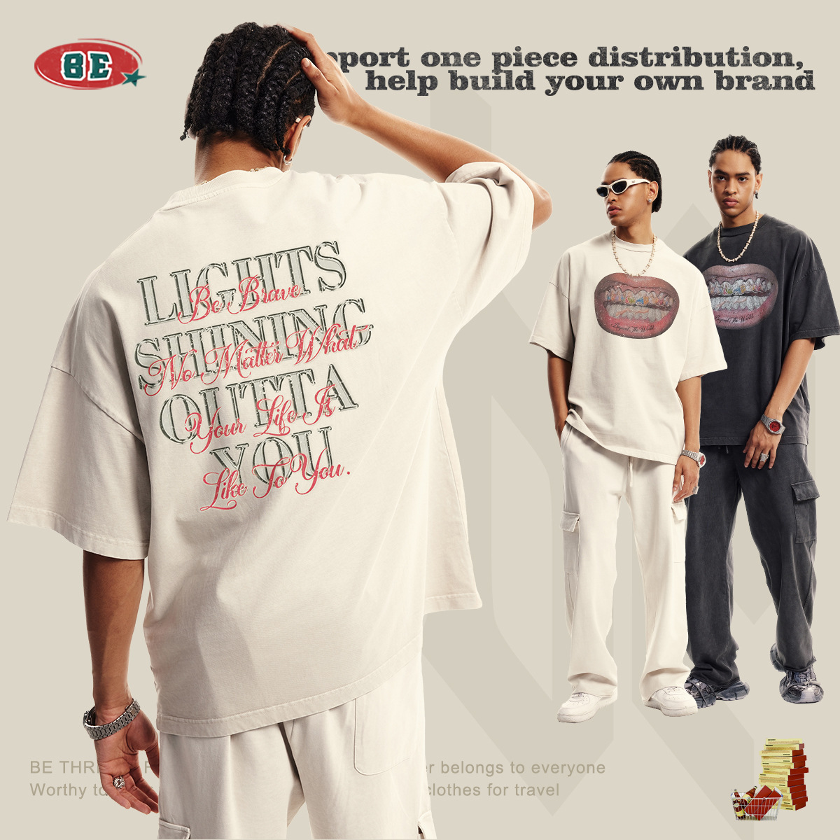 BE ropa de hombre 2025 verano algodón suelto tendencia camiseta hombre marca de moda americana pesado viejo estampado manga corta verano